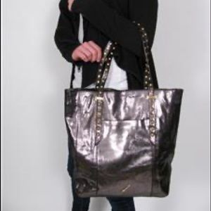 Brian Atwood leather metallic silver tote.